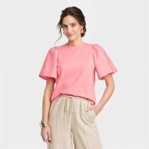 A New Day Women's Size Small KTW Puff Elbow Sleeve T-Shirt Pink